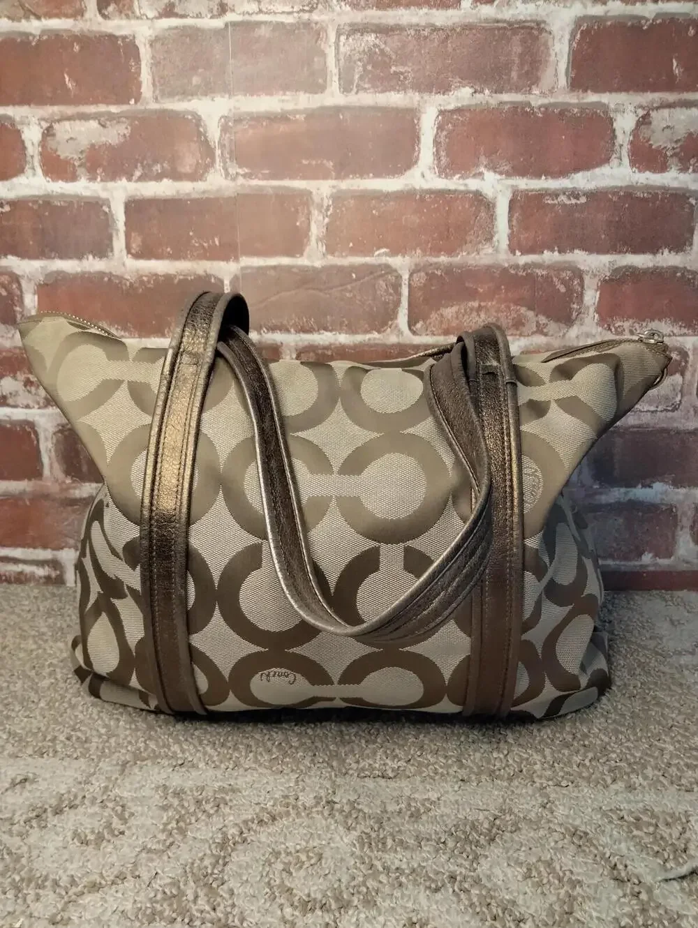 Coach Poppy 13826 Tote Op Art Glam Tote Beige Gold Handbag - Picture 5 of 9